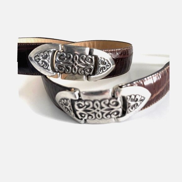 BRIGHTON Brown Pressed croc Leather belt with Silver hardware Size M - Picture 4 of 16
